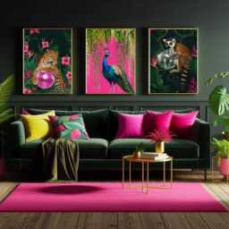 Jungle Disco Animal Print Set Of 3 - Peacock, Leopard & Lemur Wall Art Maximalist Exotic Decor Hot Pink & Green Prints