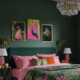 Jungle Disco Animal Print Set Of 3 - Peacock, Leopard & Lemur Wall Art Maximalist Exotic Decor Hot Pink & Green Prints - thumbnail 2