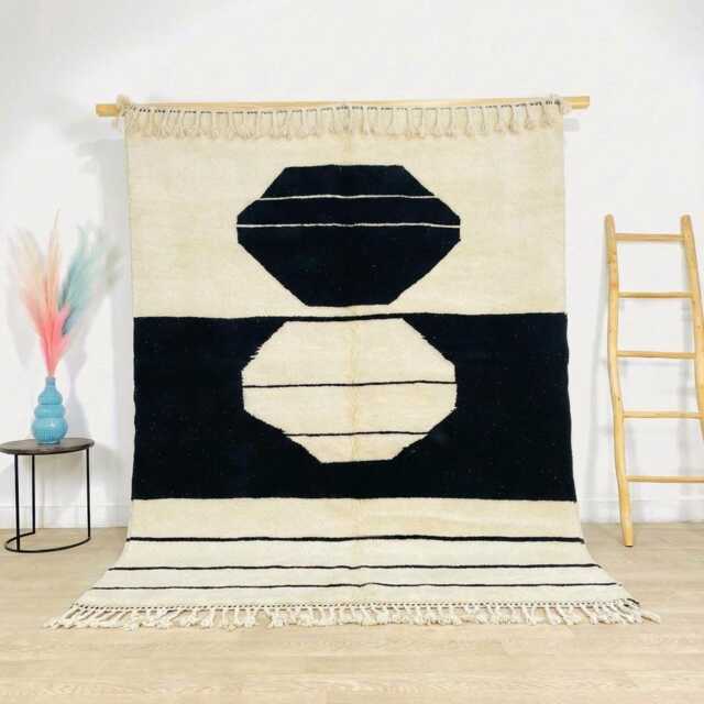 Ivory Black Shape Rug, Abstract Geometric Moroccan Carpet, Large Area Shag Handmade Berber Wool Mat, Minimalist Scandi Decor - image 1