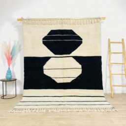 Ivory Black Shape Rug, Abstract Geometric Moroccan Carpet, Large Area Shag Handmade Berber Wool Mat, Minimalist Scandi Decor