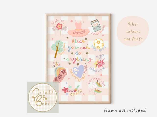 Girls Personalised You Can Do Anything Gingham Print. Positive Affirmation Wall Art For Girls Rooms, Playrooms & Nurseries - Print Only - image 1