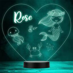 Cute Mermaid With Sea Animals Heart Personalised Gift Any Colour Led Night Light - thumbnail 1