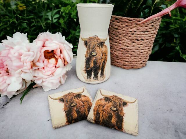 Highland Cow Vase & Coasters, Handmade, Cows, Themed Gifts, Farmers Gifts - image 1