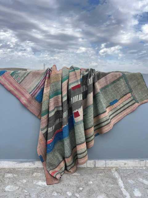 Handmade Vintage Kantha Quilt Reversible Patchwork Block Print Cotton Bedspread Boho Throw - image 1