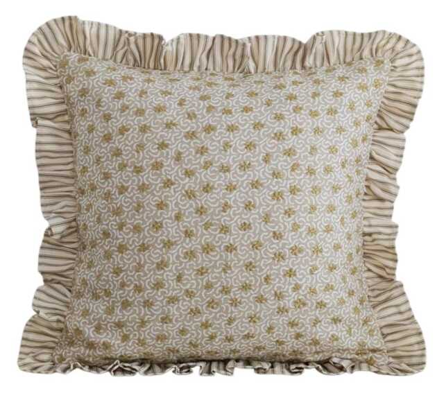 Embroidered Vintage Limited Edition Olive Green Cushion With Green Ruffle, Ian Mankin Ticking Stripe - image 1