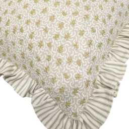 Embroidered Vintage Limited Edition Olive Green Cushion With Green Ruffle, Ian Mankin Ticking Stripe - thumbnail 2