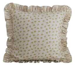 Embroidered Vintage Limited Edition Olive Green Cushion With Green Ruffle, Ian Mankin Ticking Stripe - thumbnail 1