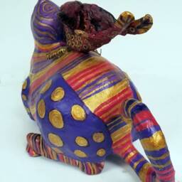 Paper Mache Clay Cat Sculpture - Jazz The With A Bird - thumbnail 4