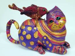 Paper Mache Clay Cat Sculpture - Jazz The With A Bird