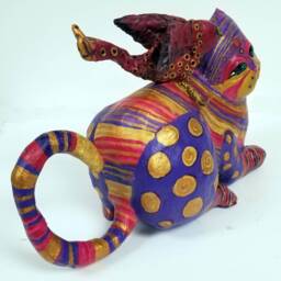 Paper Mache Clay Cat Sculpture - Jazz The With A Bird - thumbnail 3