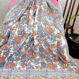 Pure Soft Cotton Indian Floral Dohar Reversible Bed/Sofa Throw Summer Quilted King Size Handprint White Candy Pink Blue Hibiscus Blossom - thumbnail 3