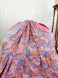 Pure Soft Cotton Indian Floral Dohar Reversible Bed/Sofa Throw Summer Quilted King Size Handprint White Candy Pink Blue Hibiscus Blossom - thumbnail 1