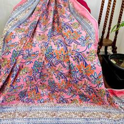 Pure Soft Cotton Indian Floral Dohar Reversible Bed/Sofa Throw Summer Quilted King Size Handprint White Candy Pink Blue Hibiscus Blossom - thumbnail 2