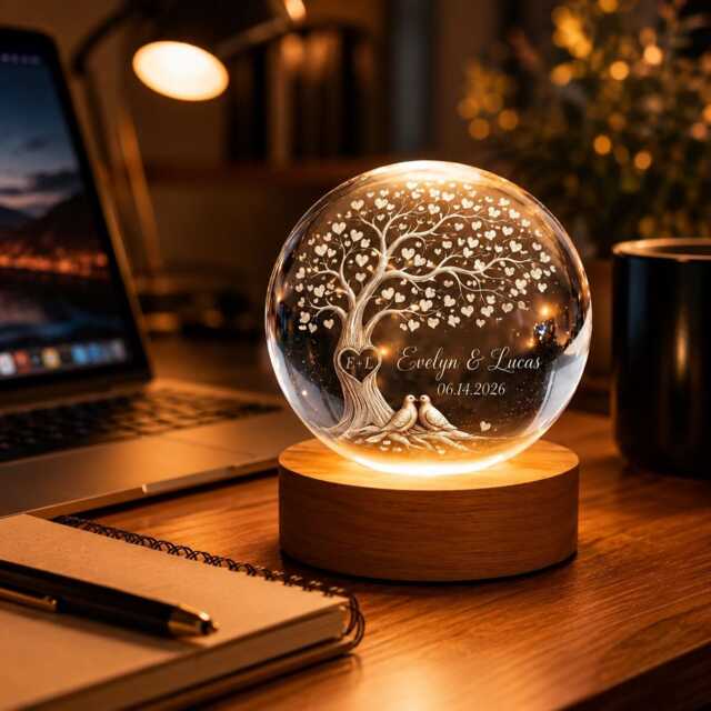 Personalized Tree Of Life Wedding Crystal Ball Night Light, Custom Anniversary Gift For Couple, Romantic Heart Engraved Wood Base Lamp - image 1