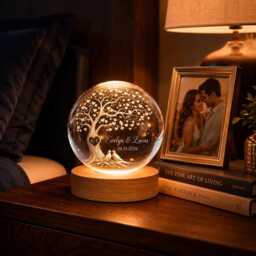 Personalized Tree Of Life Wedding Crystal Ball Night Light, Custom Anniversary Gift For Couple, Romantic Heart Engraved Wood Base Lamp - thumbnail 4