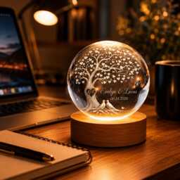 Personalized Tree Of Life Wedding Crystal Ball Night Light, Custom Anniversary Gift For Couple, Romantic Heart Engraved Wood Base Lamp - thumbnail 1