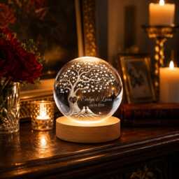 Personalized Tree Of Life Wedding Crystal Ball Night Light, Custom Anniversary Gift For Couple, Romantic Heart Engraved Wood Base Lamp - thumbnail 3