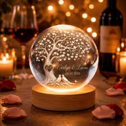 Personalized Tree Of Life Wedding Crystal Ball Night Light, Custom Anniversary Gift For Couple, Romantic Heart Engraved Wood Base Lamp - thumbnail 2