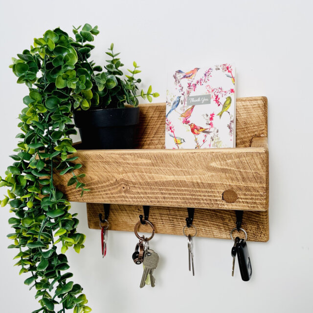 Key Holder With Shelf, Rustic Wooden Home Decor, Entryway Shelf With Hooks - image 1