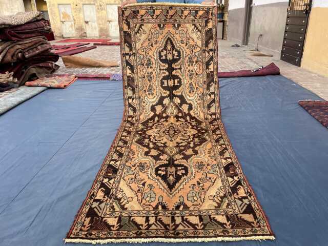 Antique Hariz Design Hand Weave Rug, Natural Dyes Terracotta Faded Welcome Entrance Stairs/Hallway Vintage Rug - 3.7x9.6 Ft - image 1