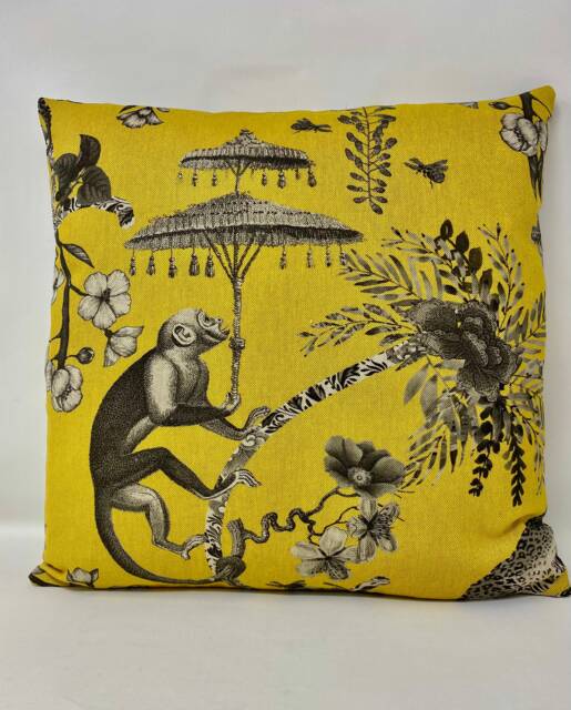 Mustard & Grey Monkey Cushion, Safari Cushion Cover, Tropical Duck Feather Pillow, 100% Jungle Cotton Fabric, Home Decor, Birthday Gift - image 1