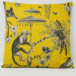 Mustard & Grey Monkey Cushion, Safari Cushion Cover, Tropical Duck Feather Pillow, 100% Jungle Cotton Fabric, Home Decor, Birthday Gift - thumbnail 2