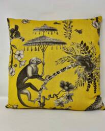 Mustard & Grey Monkey Cushion, Safari Cushion Cover, Tropical Duck Feather Pillow, 100% Jungle Cotton Fabric, Home Decor, Birthday Gift - thumbnail 1
