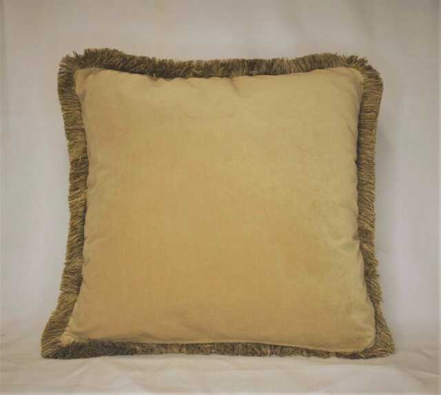 Large Gold Solid Velvet Square Throw Pillow With Fringe For Sofa Couch Or Chair Handmade in Usa