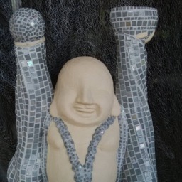 Laughing Buddha Mosaic Sculpture - Handmade Art Deco & Glass Unique Piece For Indoor/Outdoor/Garden Use - thumbnail 3