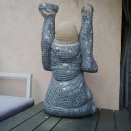 Laughing Buddha Mosaic Sculpture - Handmade Art Deco & Glass Unique Piece For Indoor/Outdoor/Garden Use - thumbnail 2