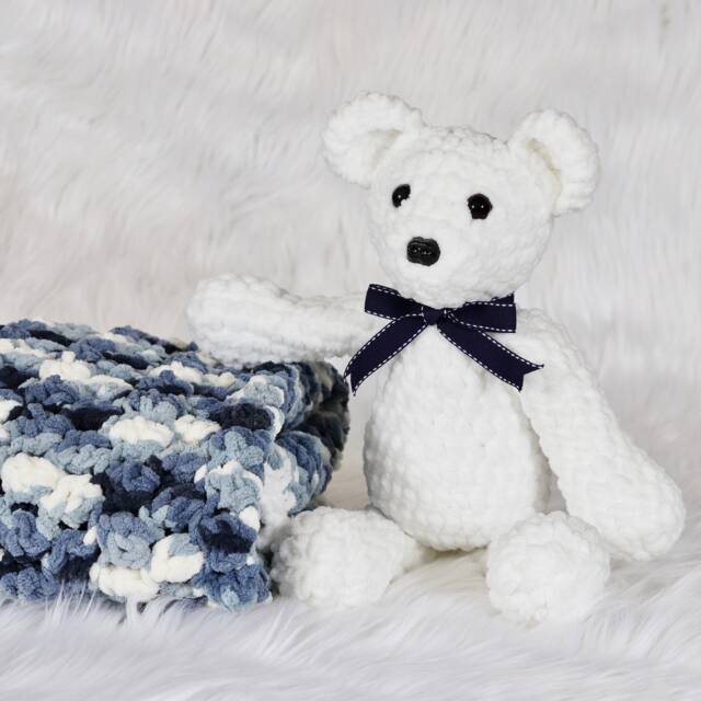 Chenille Baby Blanket, Blue & White Crib Stuffed Teddy Bear, Carseat Stroller Shower Gift Set, Toddler Gifts - image 1