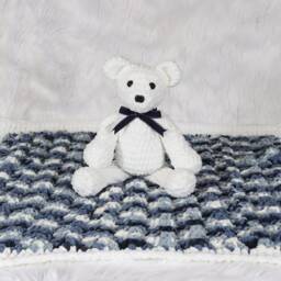 Chenille Baby Blanket, Blue & White Crib Stuffed Teddy Bear, Carseat Stroller Shower Gift Set, Toddler Gifts - thumbnail 4