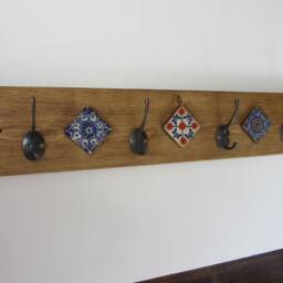 Mexican Style 4 Hook Coat Hooks/Robe Iron & Hand Painted Terracotta Tiles - Designs Vary - thumbnail 2