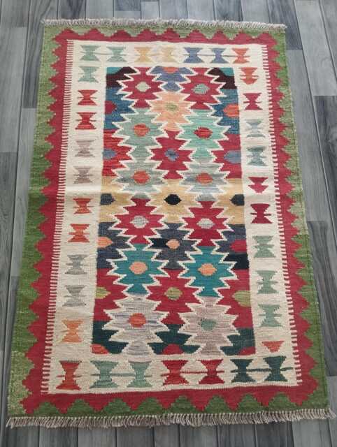 Kilim Rug Afghan, Handmade Artisan Multicolour Turkish Persian Rug, Navajo Moroccan Bohemian Flatweave, Natural Wool Dhurrie 124x83 cm - image 1