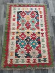 Kilim Rug Afghan, Handmade Artisan Multicolour Turkish Persian Rug, Navajo Moroccan Bohemian Flatweave, Natural Wool Dhurrie 124x83 cm - thumbnail 1