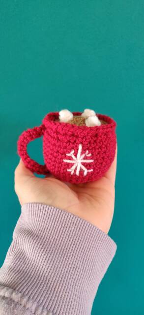 Crochet Hot Chocolate Mug Ornament, Christmas Snowflake Decor - image 1