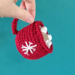 Crochet Hot Chocolate Mug Ornament, Christmas Snowflake Decor - thumbnail 3