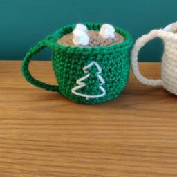Crochet Hot Chocolate Mug Ornament, Christmas Snowflake Decor - thumbnail 4