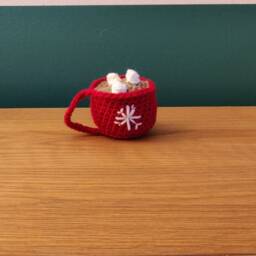 Crochet Hot Chocolate Mug Ornament, Christmas Snowflake Decor - thumbnail 2