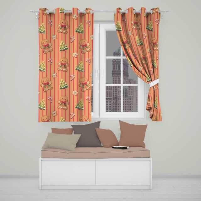 Gingerbread Man Cookies Candy Cane On Orange Stripe Background Seamless Pattern Readymade Eyelet Ring Top Thermal 100% Blackout Curtains - image 1