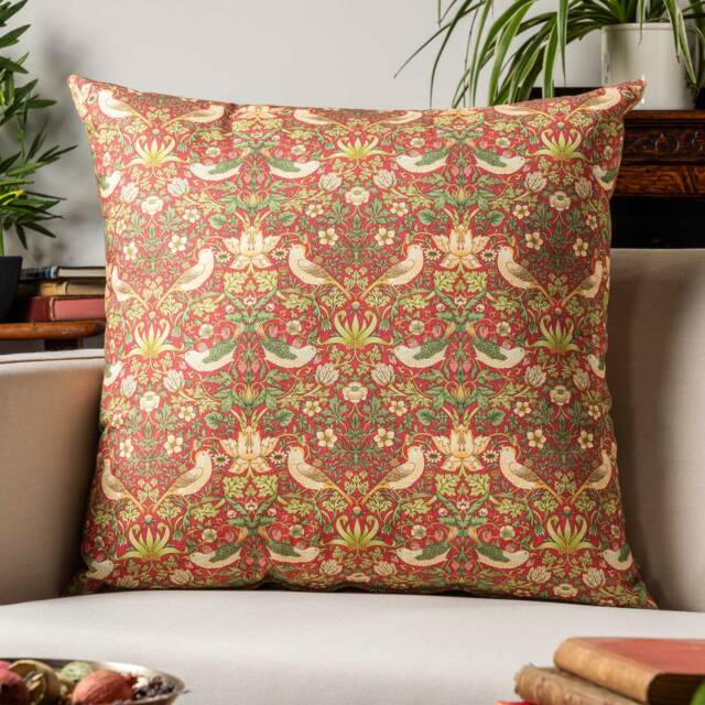 William Morris Strawberry Thief Printed Extra-Large Cushion in Red. Vintage Arts & Crafts Botanical Floral Print. 23X23 - image 1