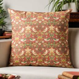 William Morris Strawberry Thief Printed Extra-Large Cushion in Red. Vintage Arts & Crafts Botanical Floral Print. 23X23