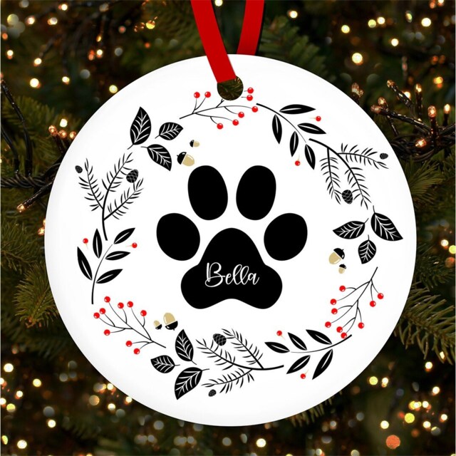 Dog Paw Floral Wreath Round Personalised Christmas Tree Ornament Decoration