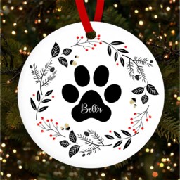 Dog Paw Floral Wreath Round Personalised Christmas Tree Ornament Decoration