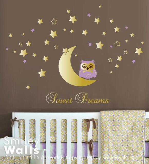 Owl Wall Decal, Moon & Stars Decal For Nursery Baby Room, Sweet Dreams Vinyl Lettering, Sticker - image 1