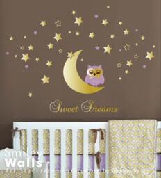 Owl Wall Decal, Moon & Stars Decal For Nursery Baby Room, Sweet Dreams Vinyl Lettering, Sticker - thumbnail 1