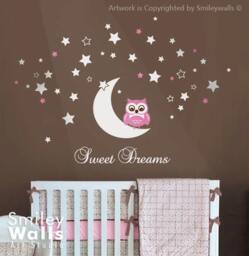 Owl Wall Decal, Moon & Stars Decal For Nursery Baby Room, Sweet Dreams Vinyl Lettering, Sticker - thumbnail 3
