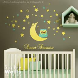 Owl Wall Decal, Moon & Stars Decal For Nursery Baby Room, Sweet Dreams Vinyl Lettering, Sticker - thumbnail 2