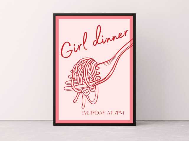Girl Dinner Kitchen Print, Wall Art, Poster, Decor, Girly Pink Trendy Aesthetic Art - image 1