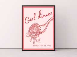 Girl Dinner Kitchen Print, Wall Art, Poster, Decor, Girly Pink Trendy Aesthetic Art - thumbnail 1